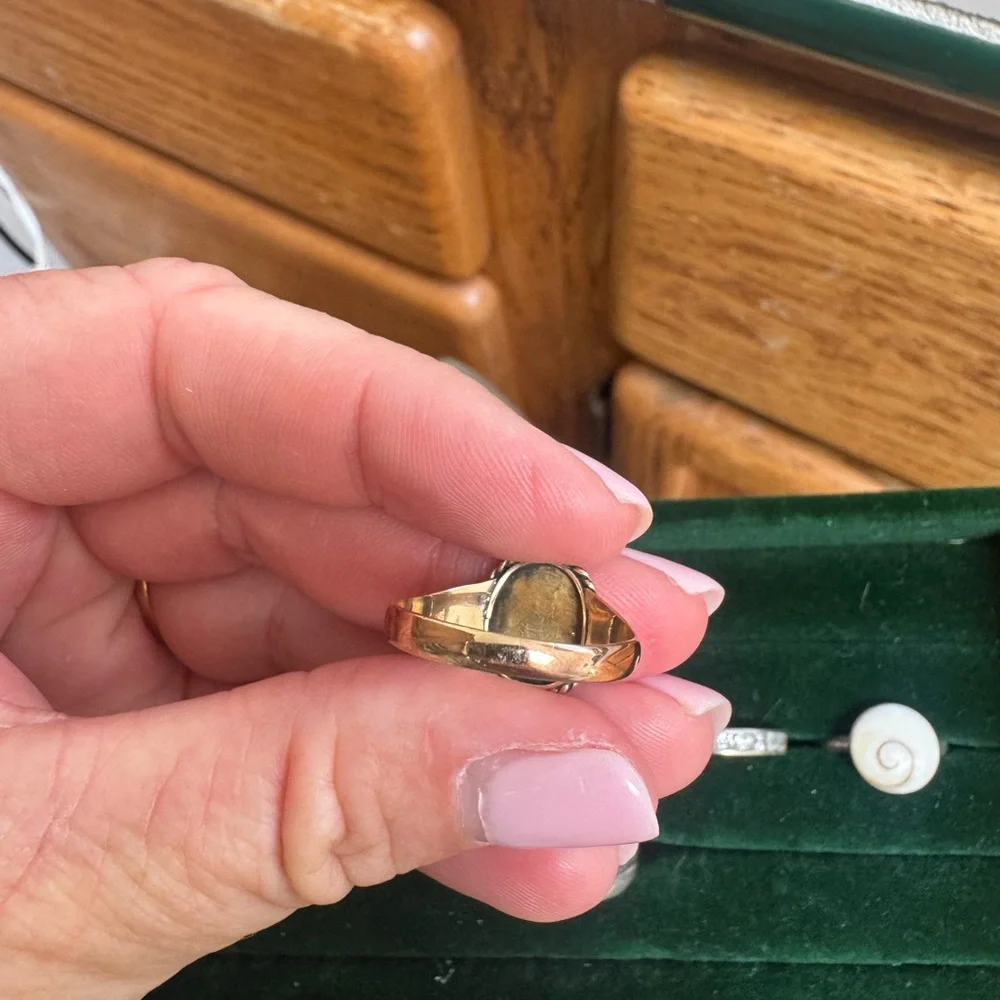 Antique 9k gold signet ring with seed pearls and turquoise flower - Picture 4 of 7